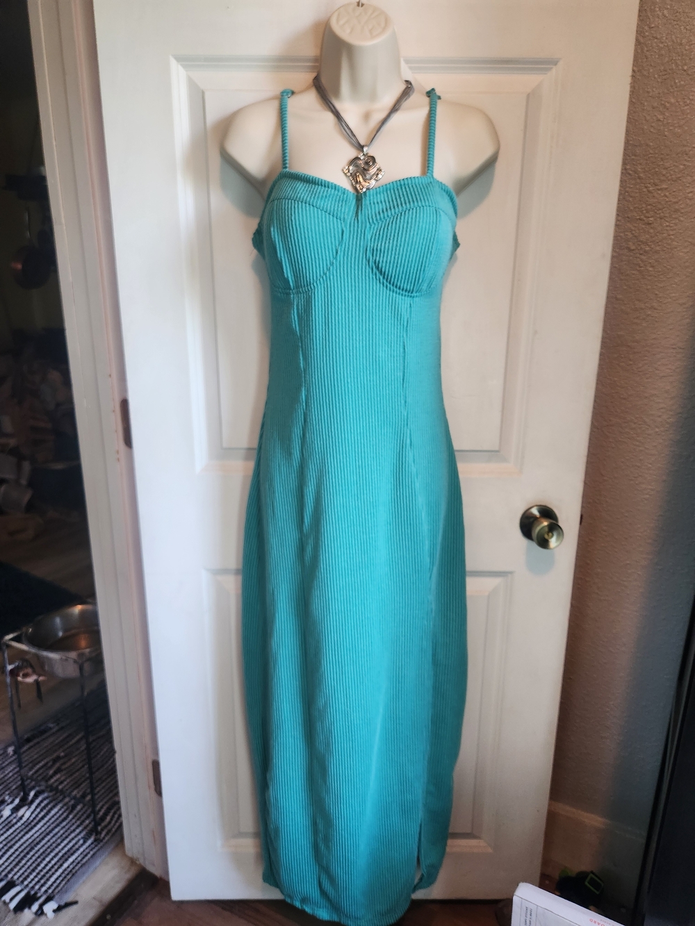 Turquoise Ribbed Spaghetti-Strap Maxi Dress